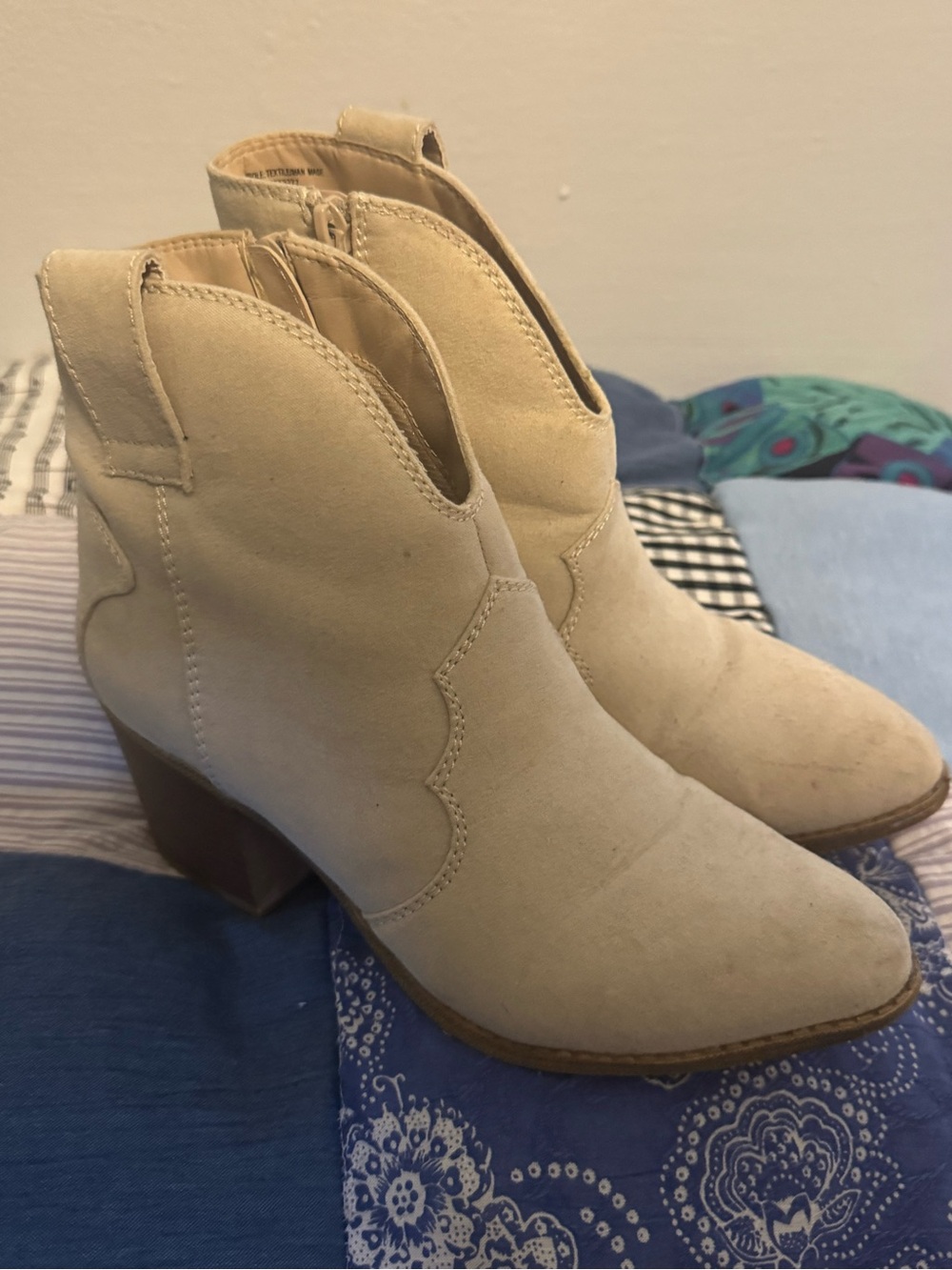 Cream Suede Western-Inspired Ankle Booties with Block Heel